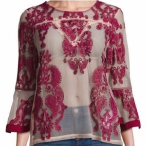 MinkPink Burgundy Red Pink Paisley Sheer Embroidered Bell 3/4-Sleeve‎ Top XS